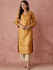 Fabindia Woven Design V-Neck Silk Straight Kurta