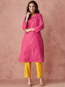 Fabindia Ethnic Motifs Embroidered Keyhole Neck Thread Work Straight Kurta