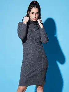 The Dry State Women Self Design Cable Knit Turtle Neck Longline Pullover