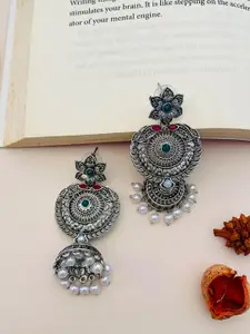 Sangria Silver Plated Stones Studded & Beaded Drop Earrings