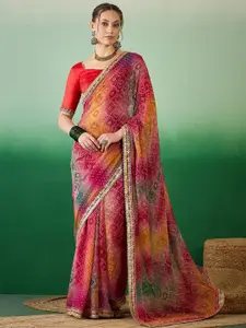 Mitera Bandhani Printed Embroidered Pure Georgette Celebrity Saree