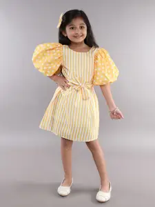 Pink Chick Polka Dot Striped Puff Sleeve A-Line Dress