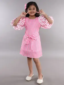 Pink Chick Polka Dot Striped Puff Sleeve A-Line Dress