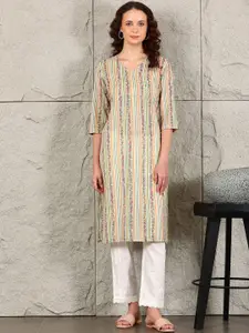 W Women Striped Flared Sleeves Mirror Work Kurta