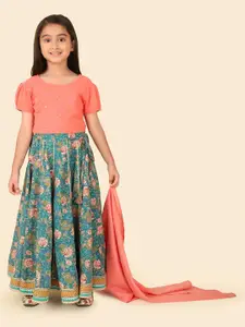 Fabindia Girls Floral Printed Sequinned Cotton Ready to Wear Lehenga & Blouse With Dupatta