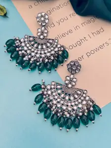 Sangria Silver Plated Stone Studded & Beaded Drop Earrings