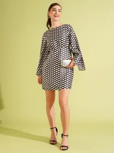 Globus Print Flared Sleeve Satin A-Line Mini Dress