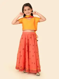 Fabindia Girls Printed V-Neck Cotton Silk Ready to Wear Lehenga & Blouse With Dupatta