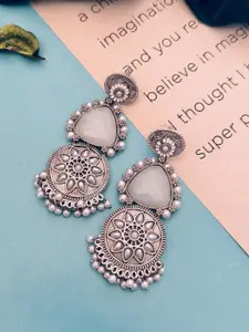 Sangria Silver Plated Stone Studded & Beaded Drop Earrings