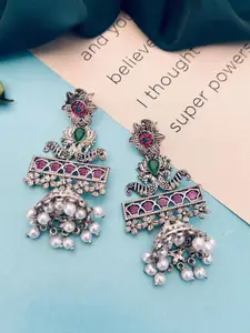 Sangria Silver Plated Stones Studded & Beaded  Drop Earrings
