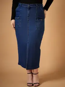 SASSAFRAS Curve Denim Wash Pencil Midi Skirt