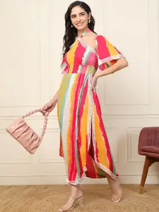 DEEBACO  WomenStriped Halter Neck Bell SleeveMaxi A-Line  Dress