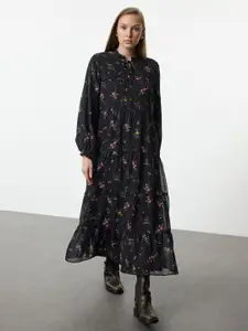 Trendyol Floral Print Tie-Up Neck Puff Sleeve A-Line Midi Dress