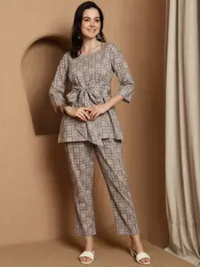 Sangria Printed Cotton Tie Up Knot Top With Trousers  Co-Ords