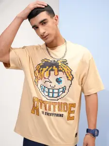 HIGHLANDER Round Neck Graphic Printed Drop Shoulder Sleeves Cotton Oversized T-shirt