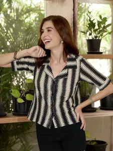 The Roadster Lifestyle Co. Women Cuban Collar Vertical Striped Cotton Boxy Casual Shirt