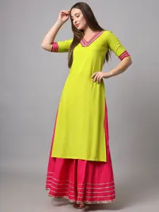 KALINI V-Neck Straight Mirror Work Kurta With Skirt