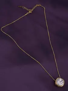 PALMONAS Gold Plated Stainless Steel Stone Studded Square Shaped Pendant With Chain