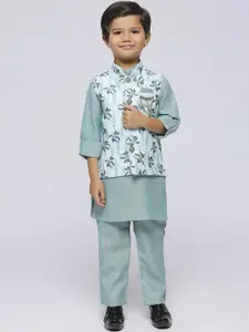 Sangria Boys Mandarin Collar Roll-Up Sleeves Straight Kurta With Trousers & Nehru jacket