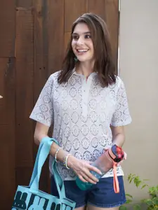 The Roadster Lifestyle Co. Women Spread Collar Textured Cotton Relaxed Fit Casual Shirt