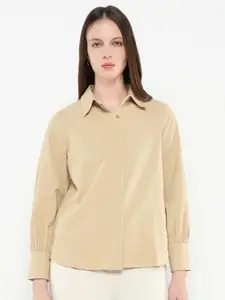 Rareism Plus Size Women Comfort Spread Collar Solid Cotton Casual Shirt