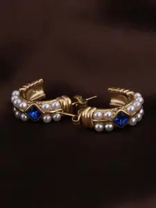 PALMONAS Stainless Steel Gold Plated Pearl Beaded Contemporary half Hoop Earrings