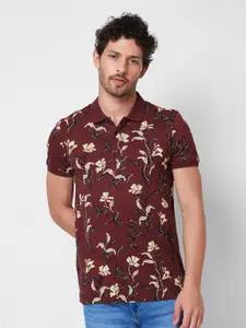 SPYKAR Polo Collar Short Sleeves Floral Printed Cotton Slim Fit T-shirt