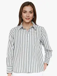 RAREISM Women Comfort Spread Collar Vertical Striped Cotton Casual Shirt