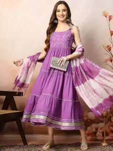 Stylum Floral Embroidered Tiered Fit and Flared Ethnic Dresses With Dupatta