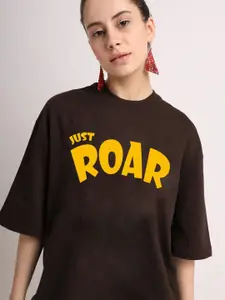 Leotude Women Typography Printed Drop-Shoulder Sleeves Oversized T-Shirt