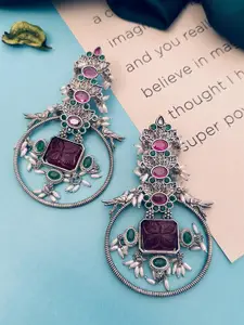 Sangria Silver Plated Stone Studded & Beaded Drop Earrings