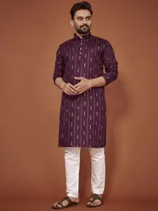 Anaita Striped Embellished Mandarin Collar Sequinned Cotton Regular Straight Kurta