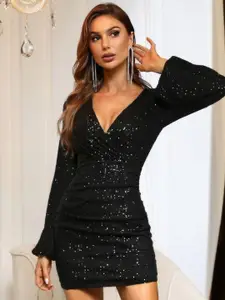 Womenue Solid Sequin Embellished Bodycon Dress