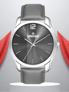 WROGN Men Brass Dial & Leather Straps Analogue Watch WR-6606-Grey