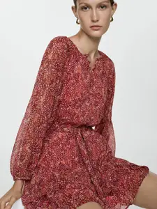 MANGO Floral Print Ruffled A-Line Mini Dress with Belt