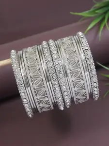 I Jewels Set Of 14 Silver-Plated Stone Studded Textured Navratri Ethnic Bangles