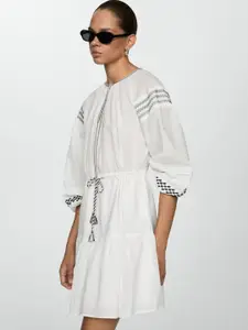 MANGO Puff Sleeve Pure Cotton Waisted A-Line Dress