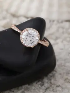 DIAVO 925 Sterling Silver Rose Gold-Plated Stone Studded Finger Ring