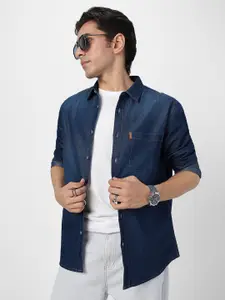Urbano Fashion Men Spread Collar Solid Denim Casual Shirt