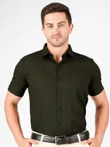 DESIGN UP Men Classic Slim Fit Short Sleeve Spread Collar Formal Shirt