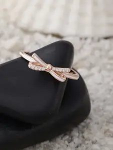 DIAVO The Cross & Bow 925 Sterling Silver Rose Gold-Plated Cubic Zirconia Finger Ring