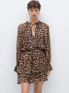 MANGO Animal Print Ruffled A-Line Mini Dress