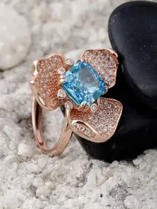 DIAVO 925 Sterling Silver Rose Gold-Plated Stone-Studded Sepal Azure Finger Ring
