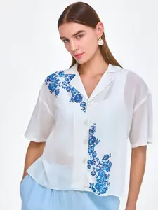 COVER STORY Women Cuban Collar Floral Printed Linen Blend Casual Shirt