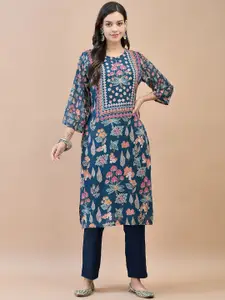 Shree Floral Printed Keyhole Neck Sequinned Georgette Straight Kurta