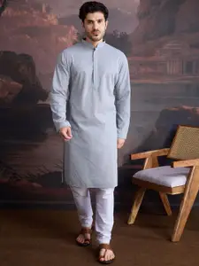 House of Pataudi Floral Embroidered Chikankari Mandarin Collar Cotton Straight Kurta