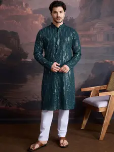 House of Pataudi Floral Embroidered Chikankari & Sequinned Cotton Straight Kurta
