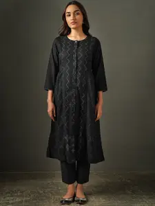 JAYPORE Geometric Printed Round Neck Thread Work Pure Cotton A-Line Kurta