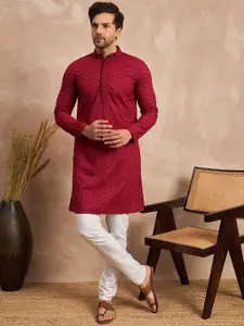 House of Pataudi Ethnic Motifs Embroidered Thread Work Pure Cotton Straight Kurta