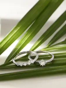 DIAVO Set Of 2 925 Sterling Silver Rhodium Plated & Stone Studded Finger Rings